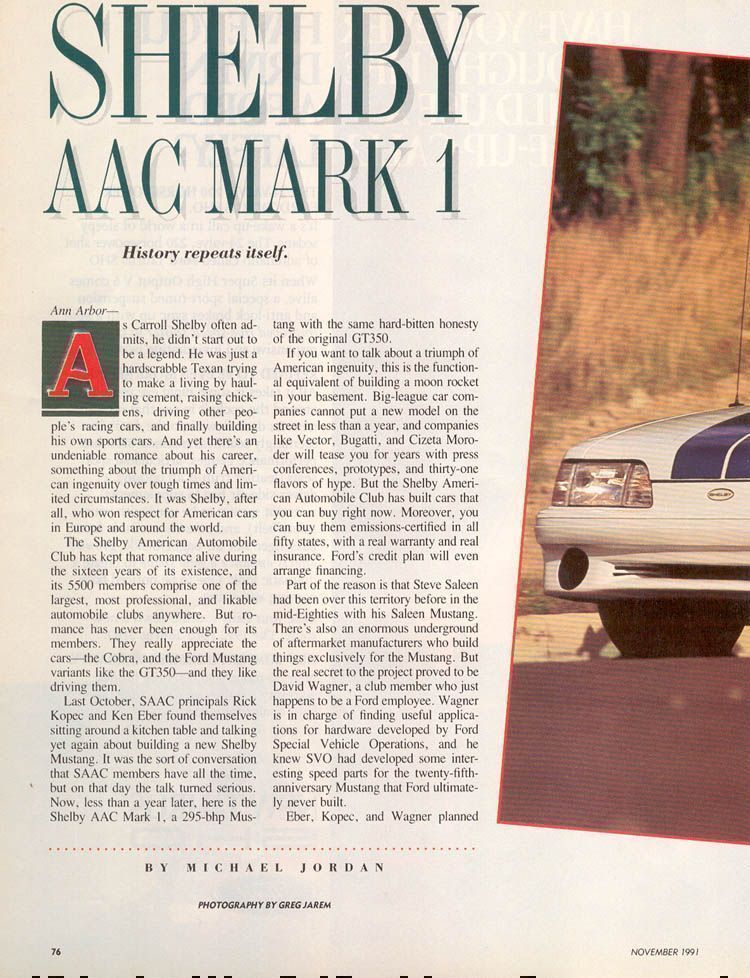 Automobile Magazine November 1991 — Shelby AAC Mark 1 feature